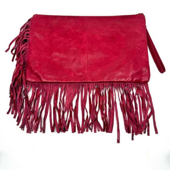 HOBO Red Leather Wristlet Clutch with Studs & Fringe Detail Excellent Condition - Picture 2 of 12